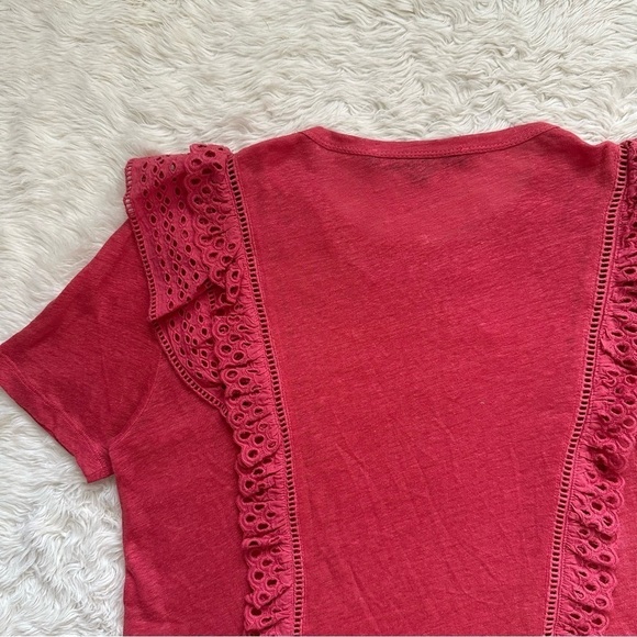 Veronica Beard Top Prema Eyelet Ruffle Crewneck Tee Linen Short Sleeve S - Picture 6 of 11